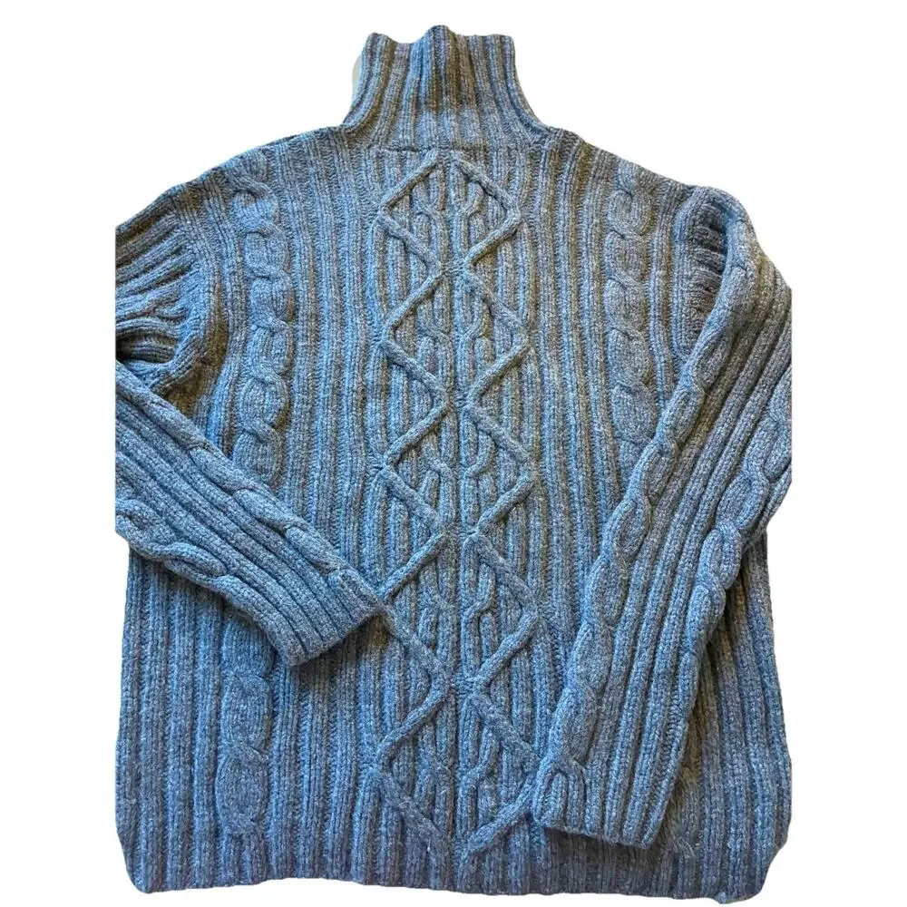 VTG Mens L Turtleneck Fisherman Gray Wool Sweater Diamond Chunky 100% Lambswool